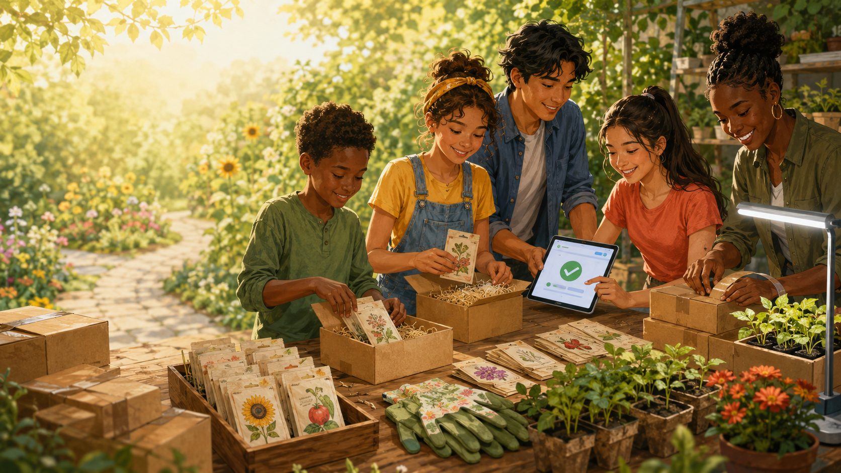 Young entrepreneurs packing garden seeds and shipping boxes together in a sunny garden